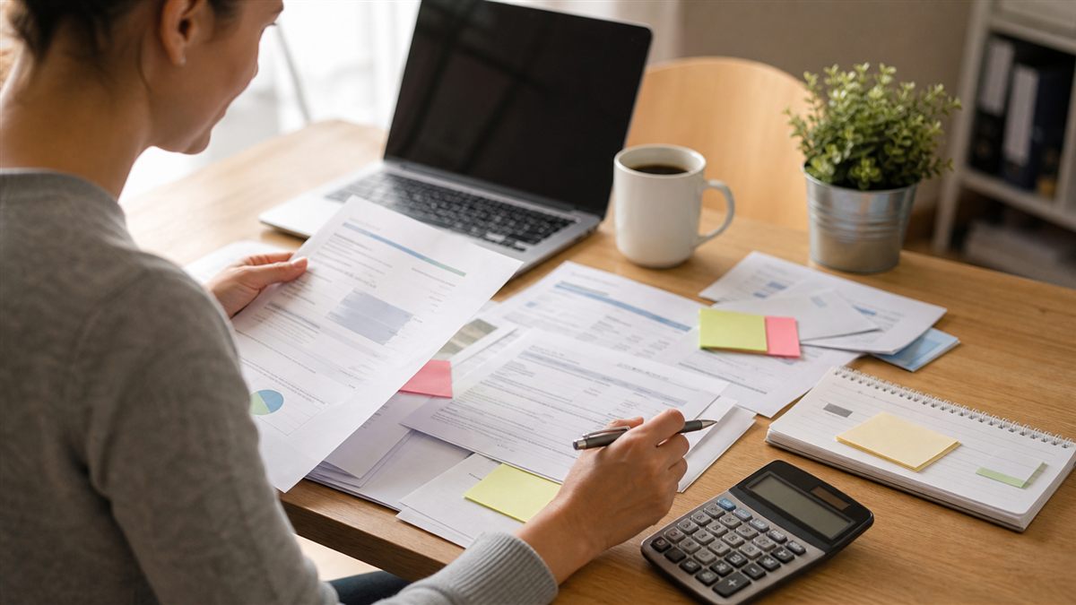 Person organizing debt payoff notes and credit card statements