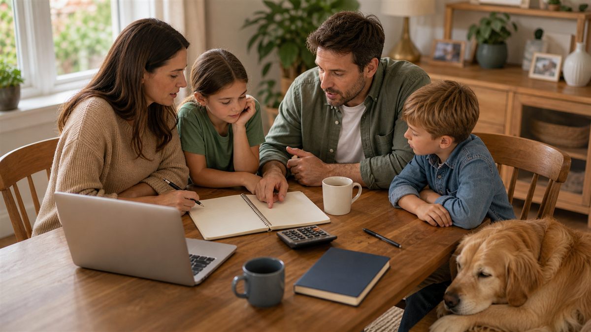 Family planning household emergency savings at a table