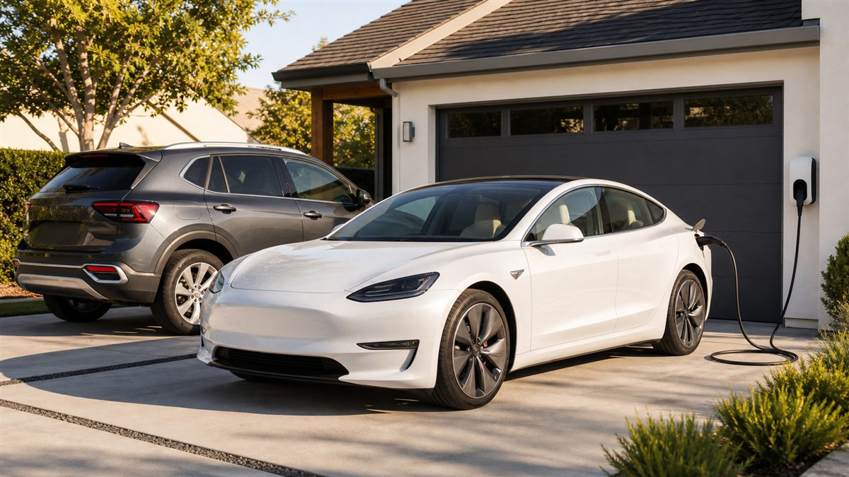Electric vehicle charging next to a gas car in a driveway