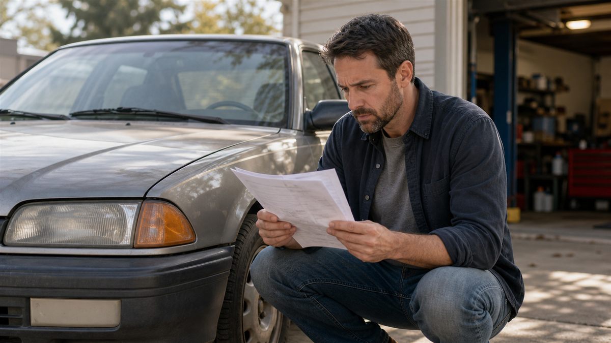 Driver reviewing car repair paperwork beside an older vehicle