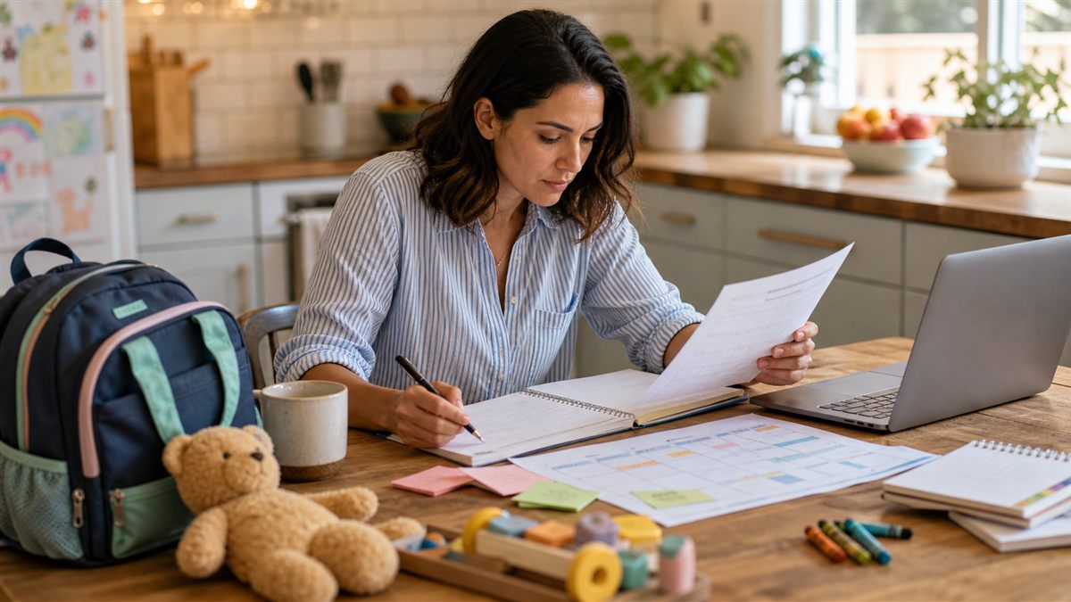 Parent comparing childcare notes and a weekly schedule