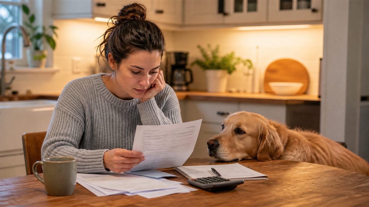 Dog owner reviewing a veterinary bill with a dog nearby
