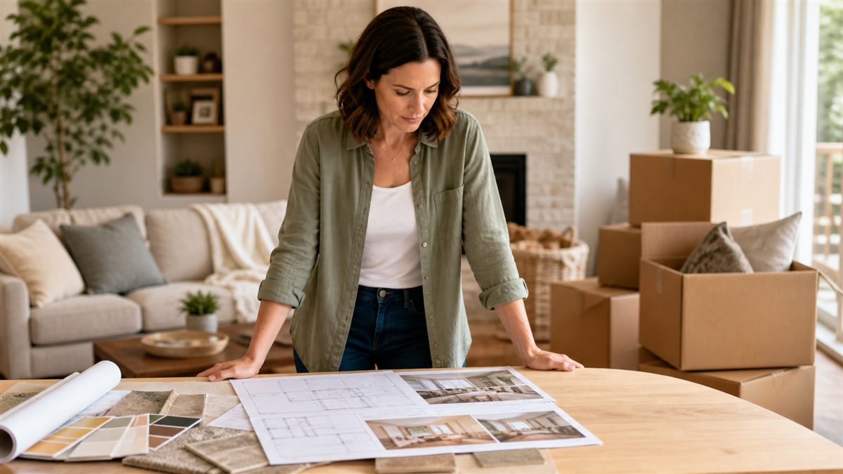 Homeowner comparing renovation plans with moving boxes nearby