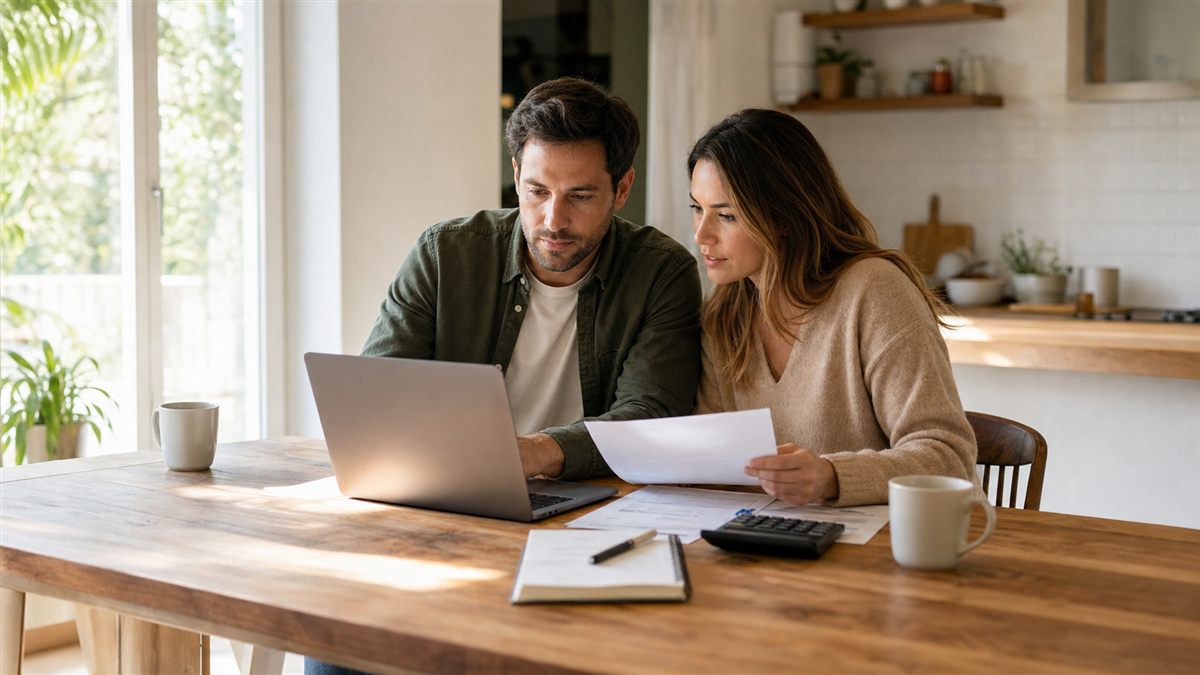 Couple reviewing home purchase numbers at a kitchen table